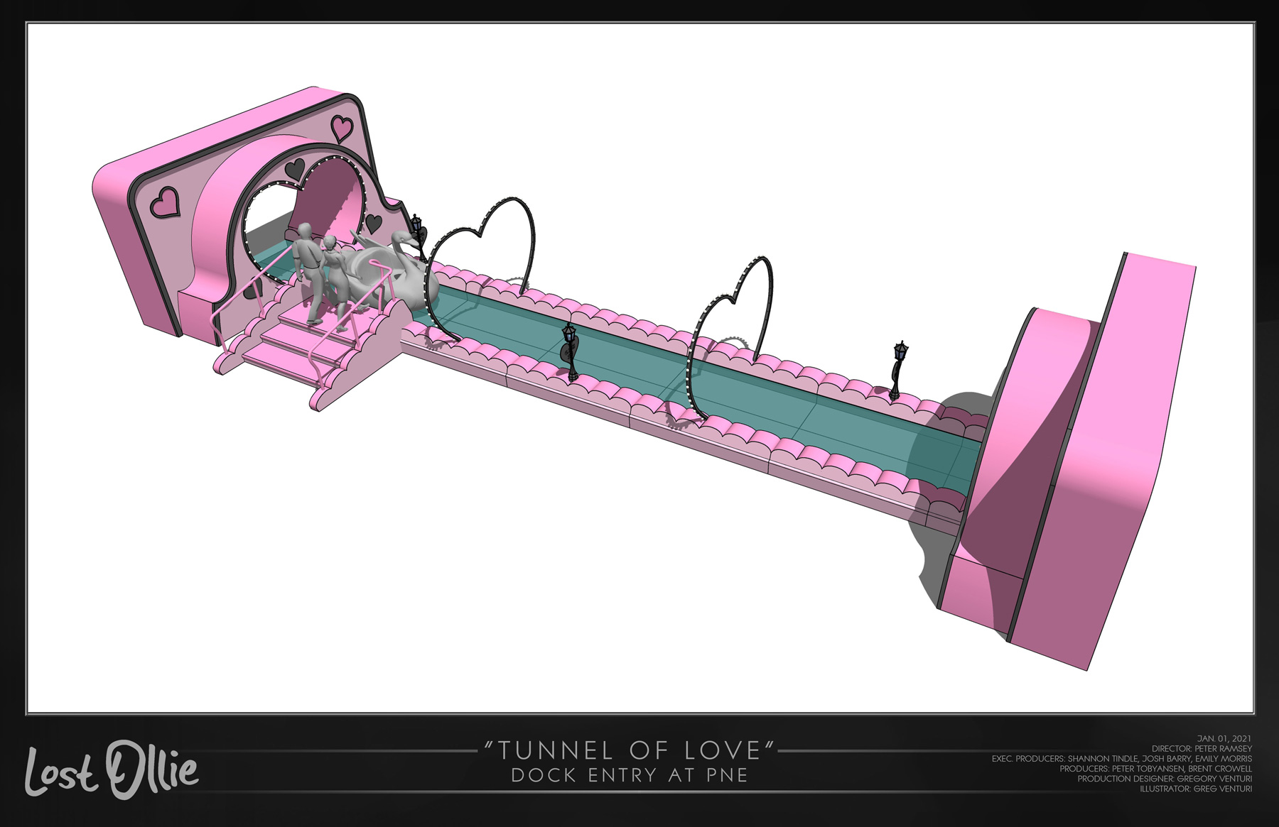30 Lost Ollie 'Dreamland Amusement Park' Tunnel Of Love Swan Boat Ride Location Install 3D Model View