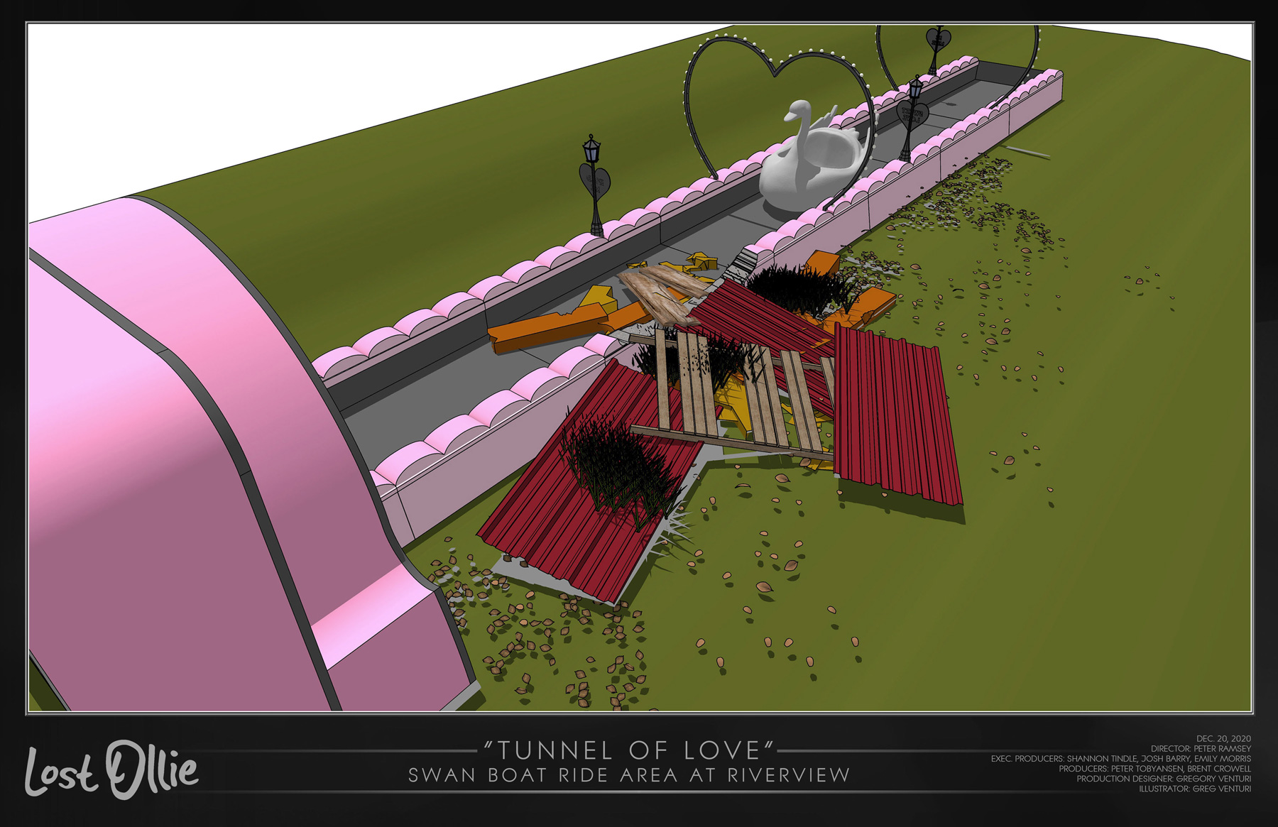 32 Lost Ollie 'Dreamland Amusement Park' Tunnel Of Love Swan Boat Ride Location Install 3D Model View